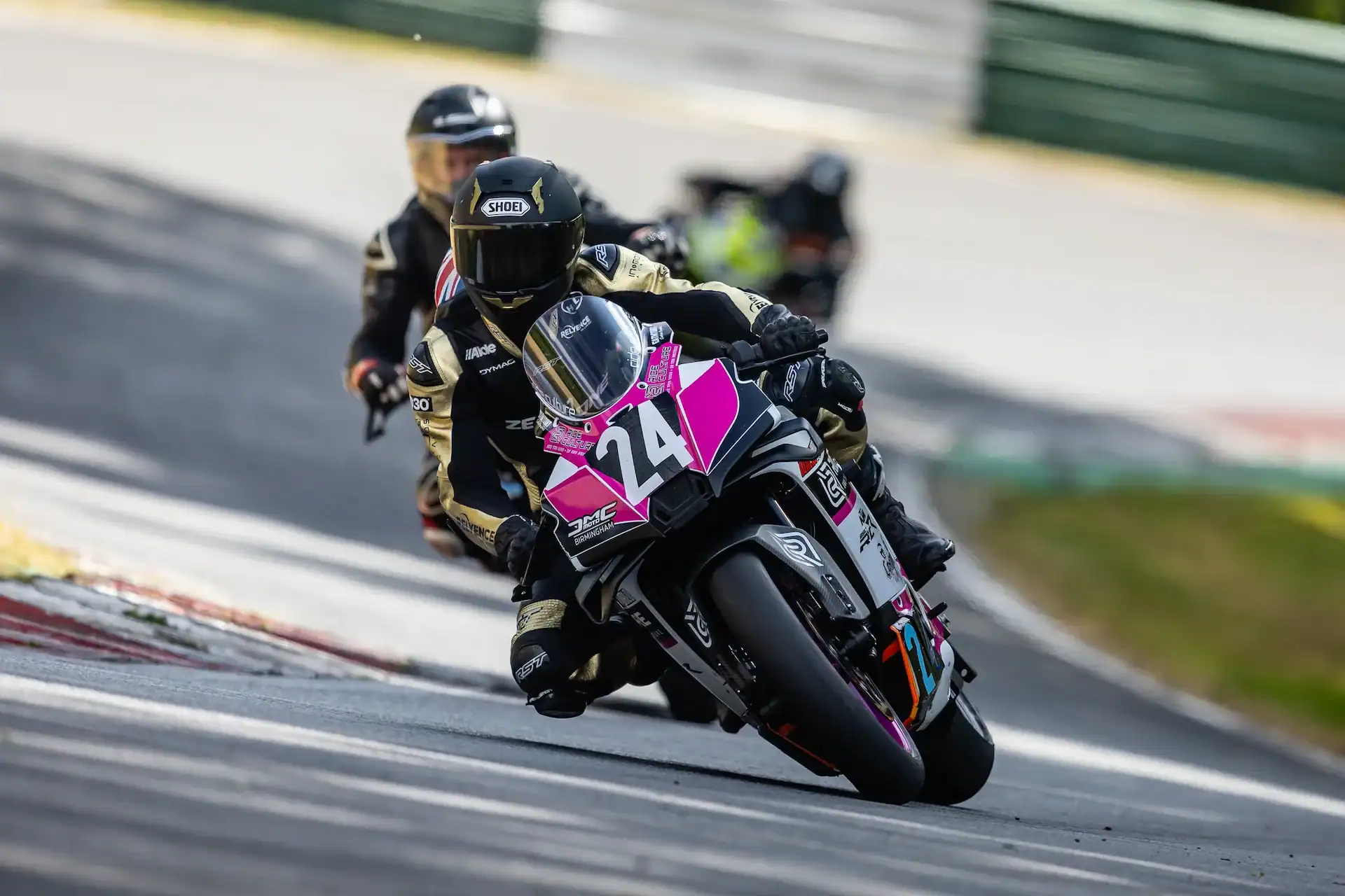 Evan Brailsford leaning into a corner on the Ride Culture Racing KTM 990RCR during Saturday's race at Cadwell Park