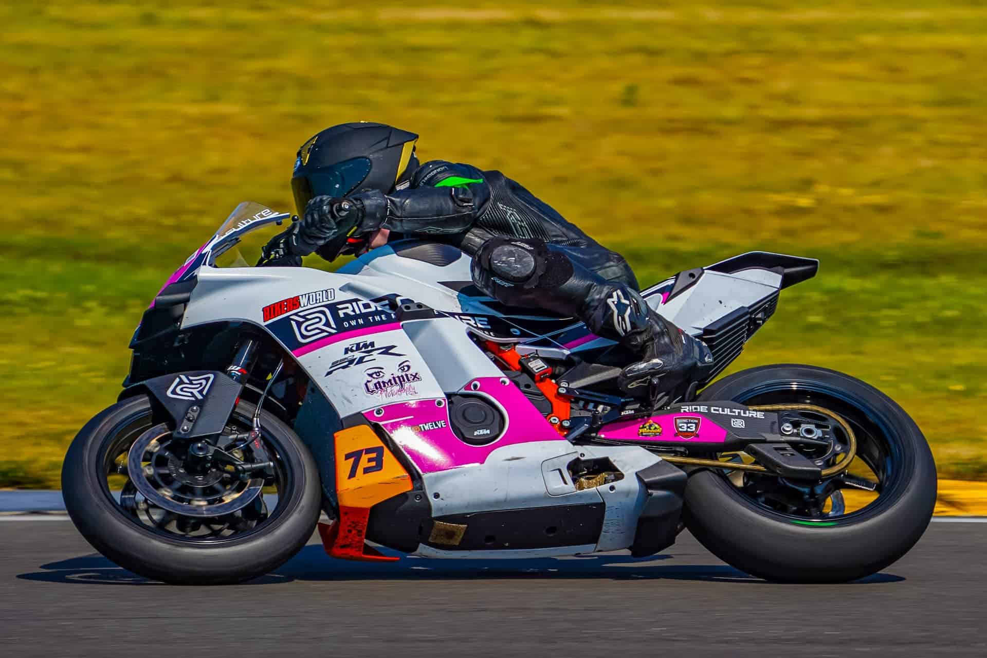 Evan riding the Ride Culture Racing KTM 990 RCR, #73, at Anglesey